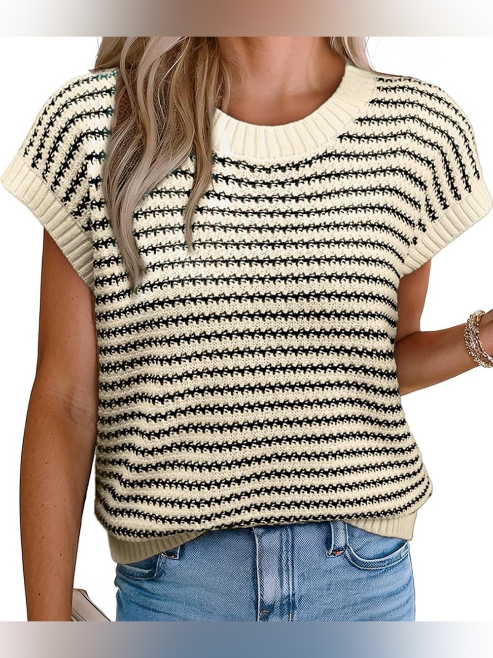 Apricot & Black Striped Short-Sleeve Crew Sweater